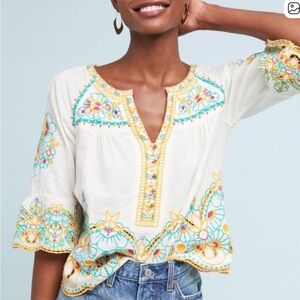 Anthropologie White Embroidered Peasant Tunic with Yellow & Turquoise Accents